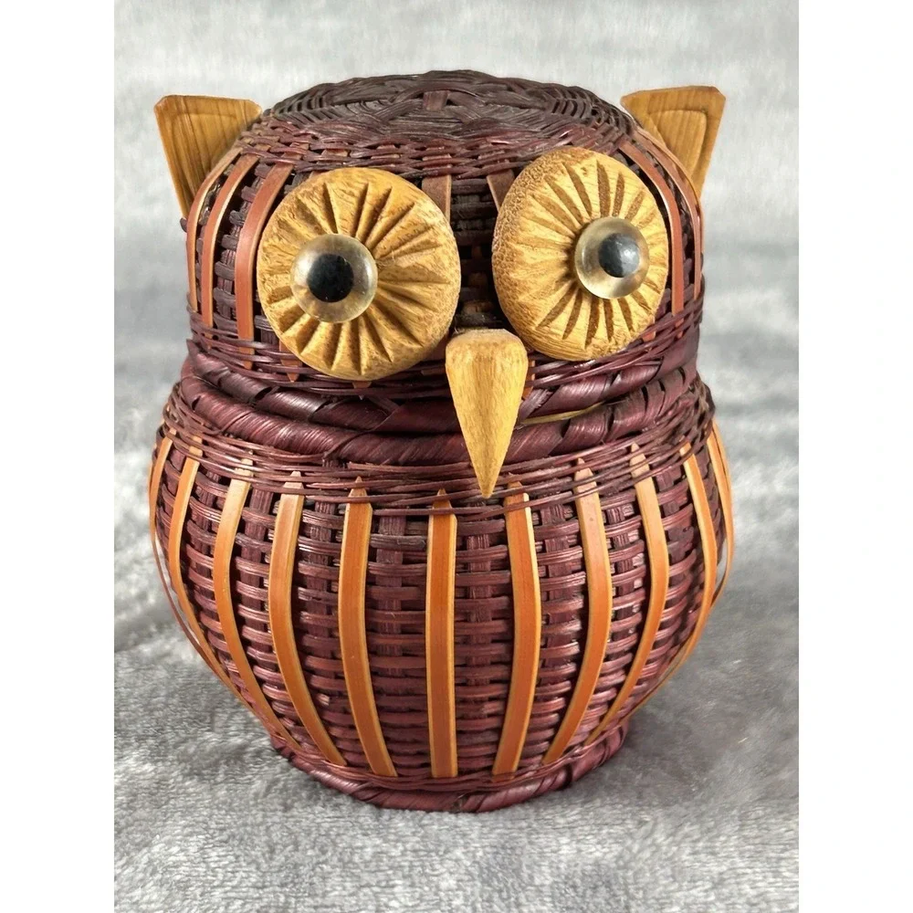 Vintage Owl bird Wicker Rattan Lidded woven figural Basket Box 4